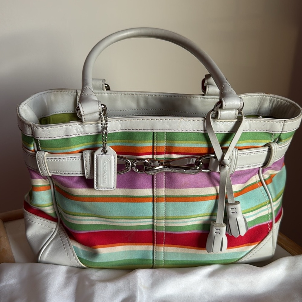 Coach Hampton Multicolor Canvas White Leather Trim Stripes Satchel Tote Bag